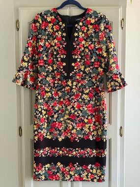 LIZ CLAIBORNE Vibrant Garden Party 3/4 Sleeve Split Neck Sheath Dress Size 10